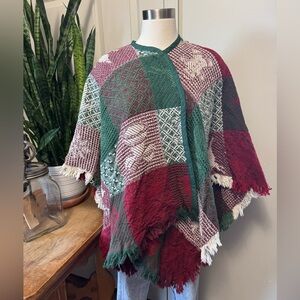 Upcycled Christmas Blanket Shawl Patchwork Fringe Poncho O/S